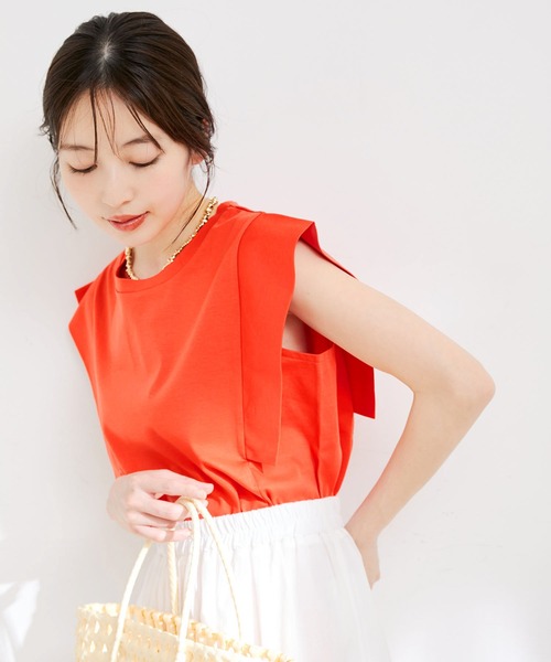 VIS(ビス)の「【接触冷感・洗える】シルケットフレンチスリーブトップス(Tシャツ/カットソー・レディース・ブラック/ホワイト/ブラウン/オレンジ系その他4・FREE)」の4枚目の写真