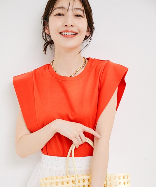 VIS(ビス)の「【接触冷感・洗える】シルケットフレンチスリーブトップス(Tシャツ/カットソー・レディース・ブラック/ホワイト/ブラウン/オレンジ系その他4・FREE)」の10枚目の写真