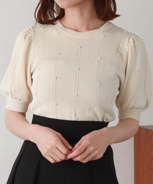 archives（アルシーヴ）の「パールケーブルパフスリニット（ニット/セーター・レディース・ブラック/アイボリー/ローズ・MEDIUM）」の4枚目の写真