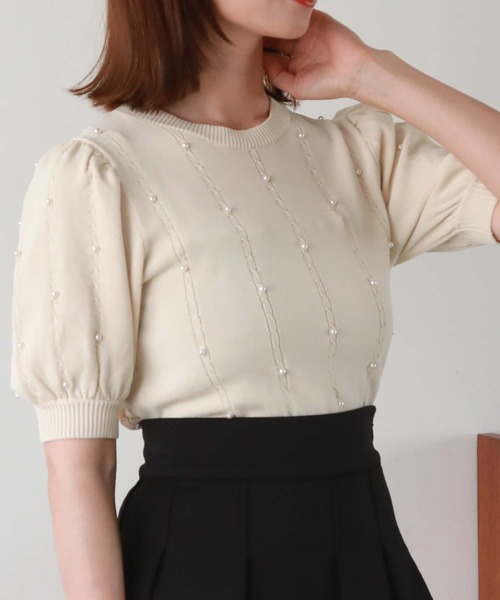 archives（アルシーヴ）の「パールケーブルパフスリニット（ニット/セーター・レディース・ブラック/アイボリー/ローズ・MEDIUM）」の7枚目の写真