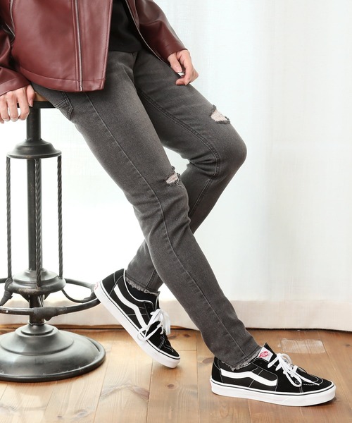 TopIsm(トップイズム)の「スーパーストレッチ ダメージスキニーデニムパンツ(デニムパンツ・メンズ・ブラック系その他2/ワンウォッシュ/ブラック系その他/サックスブルー/ケミカルウォッシュ・M/L/LL)」の1枚目の写真