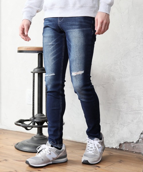 TopIsm(トップイズム)の「スーパーストレッチ ダメージスキニーデニムパンツ(デニムパンツ・メンズ・ブラック系その他2/ワンウォッシュ/ブラック系その他/サックスブルー/ケミカルウォッシュ・M/L/LL)」の4枚目の写真