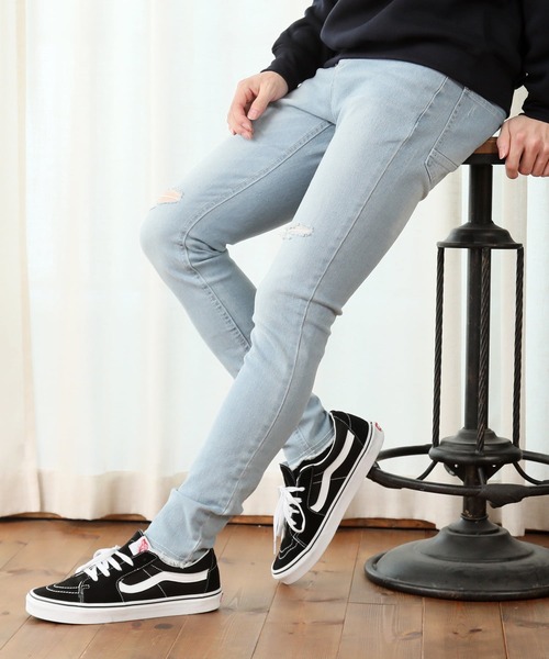TopIsm(トップイズム)の「スーパーストレッチ ダメージスキニーデニムパンツ(デニムパンツ・メンズ・ブラック系その他2/ワンウォッシュ/ブラック系その他/サックスブルー/ケミカルウォッシュ・M/L/LL)」の3枚目の写真