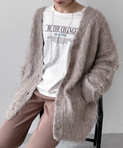 EPIMI E'PIMMY（エピミエピミー）の「【ハンドウォッシャブル】シャギーVネックオーバーカーディガン（カーディガン/ボレロ・レディース・ブラック/ベージュ/ネイビー/オフホワイト/イエロー・MEDIUM）」の4枚目の写真