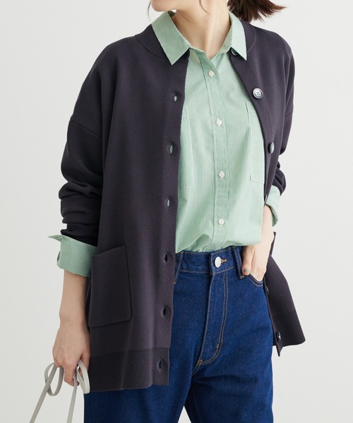 Green　Parks（グリーンパークス）の「ミドル丈モックネックカーディガン（カーディガン/ボレロ・レディース・グリーン/ダークグレー/アイボリー/オレンジ・FREE）」の2枚目の写真