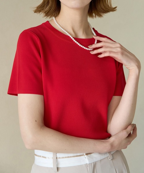 ROPE' PICNIC(ロペピクニック)の「【新色追加】総針ハーフスリーブニットプルオーバー/UVカット・洗濯機OK・冷感(ニット/セーター・レディース・ホワイト系その他5/ブラック/レッド/ライトグレー/オフホワイト/ブルー・38)」の6枚目の写真