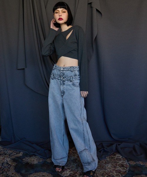 WONEM（ウォンエム）の「ヘムポケットダブルウエストジーンズ（デニムパンツ・レディース・ブルー/ブラック・1/2）」の5枚目の写真