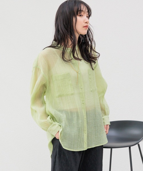 LOWRYS FARM(ローリーズファーム)の「シアーバンドシャツ 991800(シャツ/ブラウス・レディース・グレー/ピンク/ブルー/グリーン/アイボリー/ホワイト系その他・SHORT/LONG)」の4枚目の写真