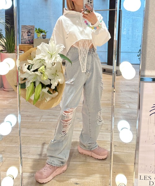 Alley by w closet（アリーバイダブルクローゼット）の「【Alley】ダメージプルオーバー（パーカー・レディース・スミクロ/ライム/オフホワイト・FREE）」の14枚目の写真