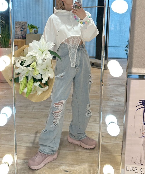 Alley by w closet（アリーバイダブルクローゼット）の「【Alley】ダメージプルオーバー（パーカー・レディース・スミクロ/ライム/オフホワイト・FREE）」の17枚目の写真