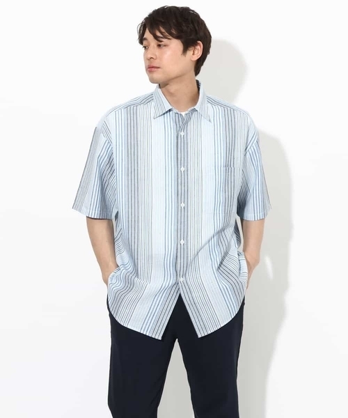 a.v.v(アーヴェヴェ)の「【さらさらタッチ/涼感】リネン混ストライプシャツ 5分袖(さらリネシリーズ)(シャツ/ブラウス・メンズ・ブルー/オレンジ・48/46)」の9枚目の写真