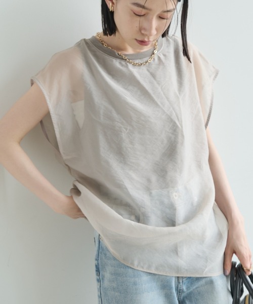 Shelly island（シェリーアイランド）の「ソフトオーガンジーレイヤードプルオーバー（Tシャツ/カットソー・レディース・ホワイト/グレー/ブラック/ブラウン・FREE）」の4枚目の写真