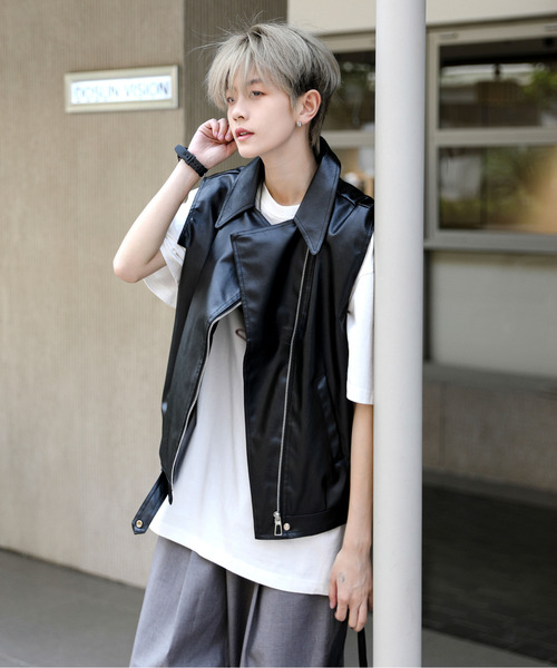 neos（ネオス）の「【neos】ルーズシルエット 合皮 ダブル ライダース ベスト（ベスト・メンズ・ブラック・MEDIUM/X-LARGE/LARGE）」の2枚目の写真