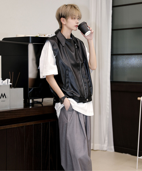 neos（ネオス）の「【neos】ルーズシルエット 合皮 ダブル ライダース ベスト（ベスト・メンズ・ブラック・MEDIUM/X-LARGE/LARGE）」の3枚目の写真