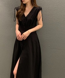 袖リボンVネックシャツワンピース