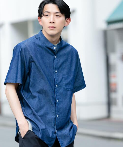 ITEMS URBANRESEARCH(アイテムズ アーバンリサーチ)の「TCインディゴ バンドカラー半袖シャツ(シャツ/ブラウス・メンズ・ブルー/ライトブルー/ネイビー・LARGE/MEDIUM)」の1枚目の写真