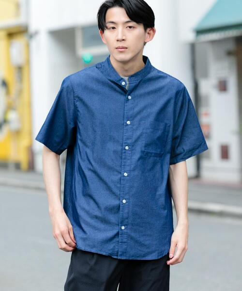 ITEMS URBANRESEARCH(アイテムズ アーバンリサーチ)の「TCインディゴ バンドカラー半袖シャツ(シャツ/ブラウス・メンズ・ブルー/ライトブルー/ネイビー・LARGE/MEDIUM)」の4枚目の写真