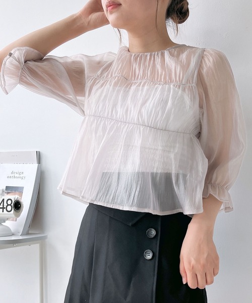 AS KNOW AS plus（アズノゥアズプラス）の「◎前後着用可能 シアーリボン5分袖ブラウス（シャツ/ブラウス・レディース・グレイッシュベージュ/ブラック/ピンク・FREE）」の16枚目の写真