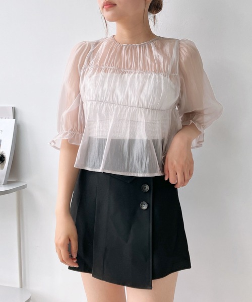 AS KNOW AS plus（アズノゥアズプラス）の「◎前後着用可能 シアーリボン5分袖ブラウス（シャツ/ブラウス・レディース・グレイッシュベージュ/ブラック/ピンク・FREE）」の15枚目の写真