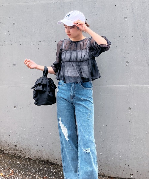 AS KNOW AS plus（アズノゥアズプラス）の「◎前後着用可能 シアーリボン5分袖ブラウス（シャツ/ブラウス・レディース・グレイッシュベージュ/ブラック/ピンク・FREE）」の7枚目の写真