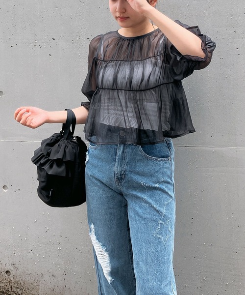 AS KNOW AS plus（アズノゥアズプラス）の「◎前後着用可能 シアーリボン5分袖ブラウス（シャツ/ブラウス・レディース・グレイッシュベージュ/ブラック/ピンク・FREE）」の9枚目の写真