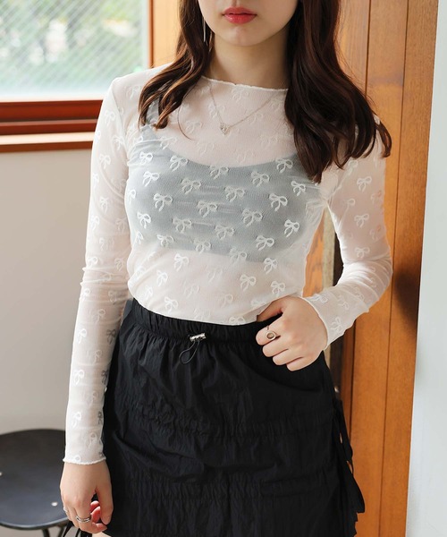 LAFFMO（ラフモ）の「リボン柄シアートップス（その他トップス・レディース・ホワイト/ブラック・F）」の5枚目の写真