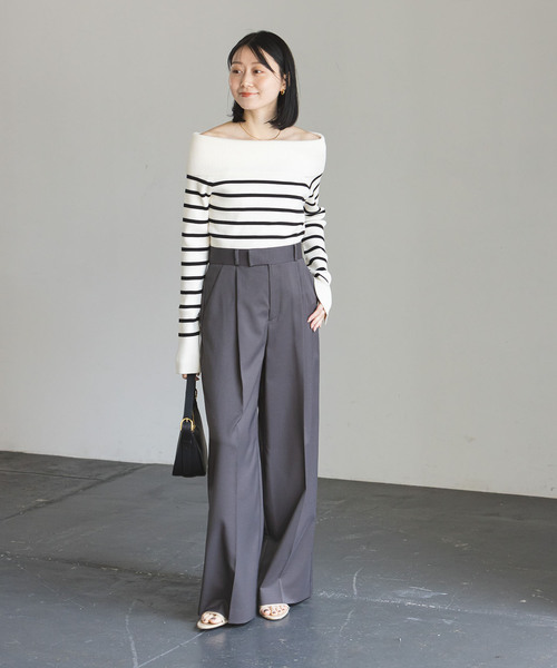 ノーブル　オフショルダー ブラックニット knit-02299 オフショルダー オーバー ニット モカ ブラック | L