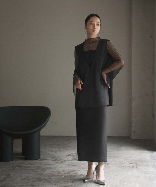 チュールレイヤードトップス・タイトスカート セットアップ ロング