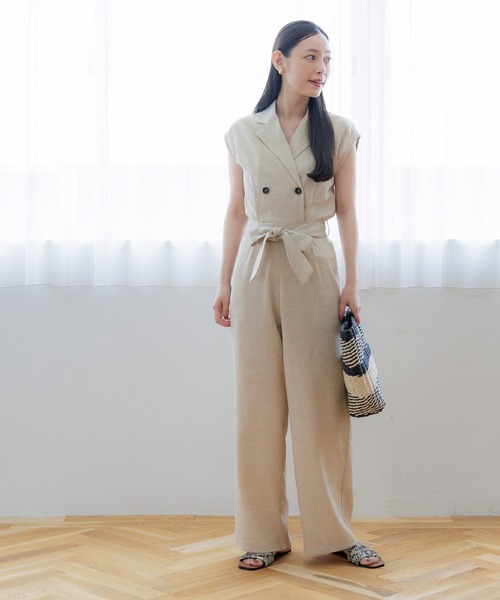 セール】【WEB限定セール】ウエストリボンリネンライクオールインワン