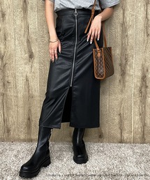 《リングZIP×スリット》レディース フェイクレザー タイトスカート ロング丈 モードカジュアル 秋冬