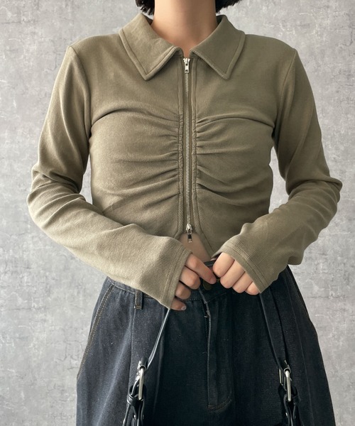 dispark（ディスパーク）の「DISPARK/フロントギャザーWジップロンT（Tシャツ/カットソー・レディース・ブラック/カーキ・FREE）」の5枚目の写真