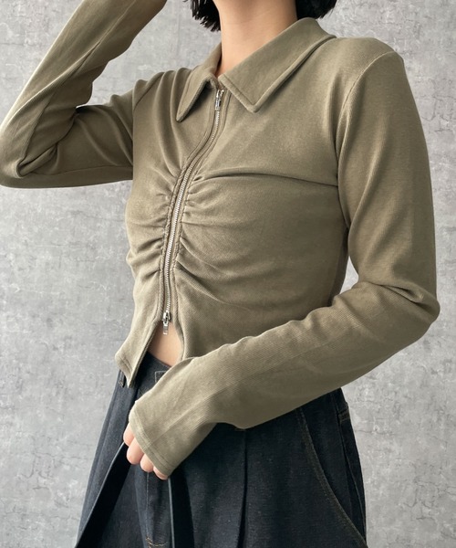 dispark（ディスパーク）の「DISPARK/フロントギャザーWジップロンT（Tシャツ/カットソー・レディース・ブラック/カーキ・FREE）」の6枚目の写真