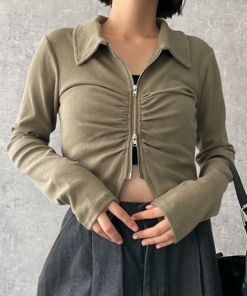 dispark（ディスパーク）の「DISPARK/フロントギャザーWジップロンT（Tシャツ/カットソー・レディース・ブラック/カーキ・FREE）」の8枚目の写真