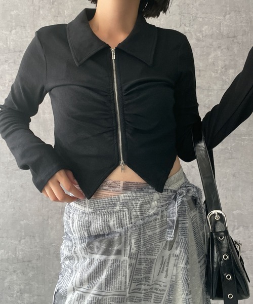 dispark（ディスパーク）の「DISPARK/フロントギャザーWジップロンT（Tシャツ/カットソー・レディース・ブラック/カーキ・FREE）」の10枚目の写真