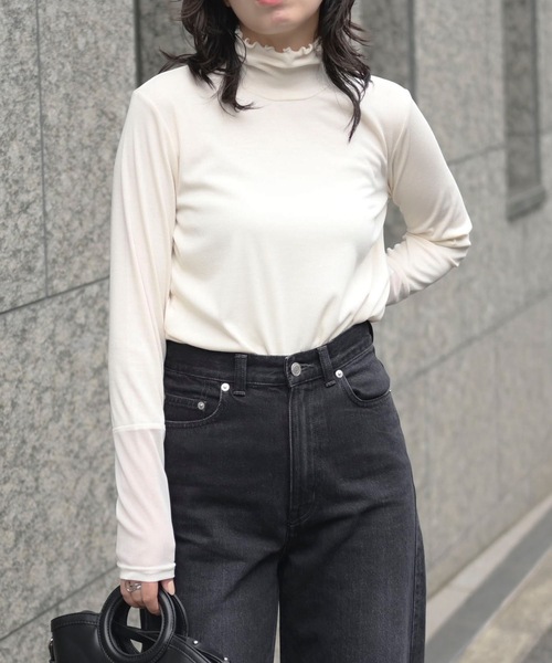 ＆HALF（アンドハーフ）の「チュール切替リブカットソー【シアートップス】（Tシャツ/カットソー・レディース・レッド/オフホワイト/グレー/ブラック・M/L）」の9枚目の写真