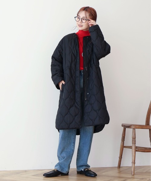 AMERICAN HOLIC（アメリカンホリック）の「軽ポカノーカラーキルティングロングコート（ノーカラージャケット・レディース・アイボリー/カーキ/ブラック・L/M）」の9枚目の写真