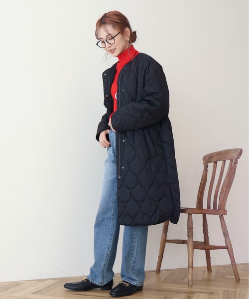 AMERICAN HOLIC（アメリカンホリック）の「軽ポカノーカラーキルティングロングコート（ノーカラージャケット・レディース・アイボリー/カーキ/ブラック・L/M）」の7枚目の写真