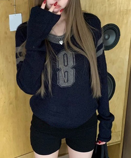 LYEON（リヨン）の「ナンバリングVネックニット（ニット/セーター・レディース・ネイビー/グレー・FREE）」の15枚目の写真