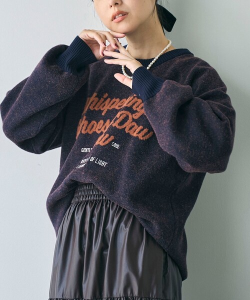 coen(コーエン)の「【もちフワ触感×1枚で映えるロゴデザイン】フェザーヤーンロゴジャガードニット(ニット/セーター・レディース・グレー/オフホワイト/ダークブラウン/ネイビー・L/M)」の1枚目の写真