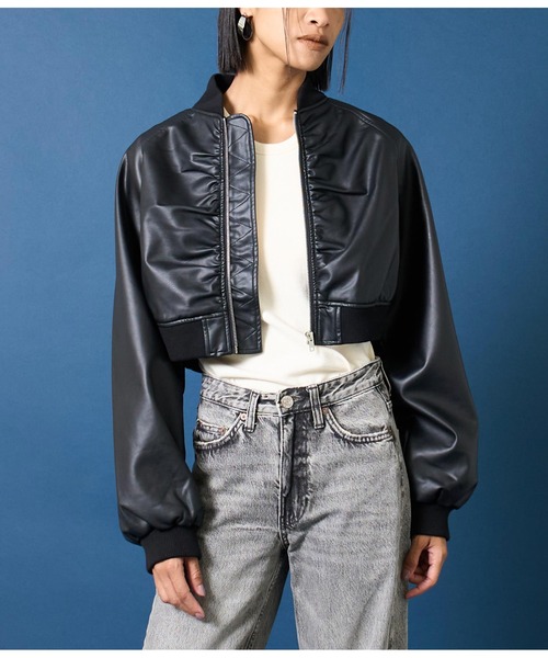 Settimissimo(セッティミッシモ)の「ラザーライクラグランショートブルゾン(ライダースジャケット・レディース・ブラック/ダークグレー・FREE)」の1枚目の写真