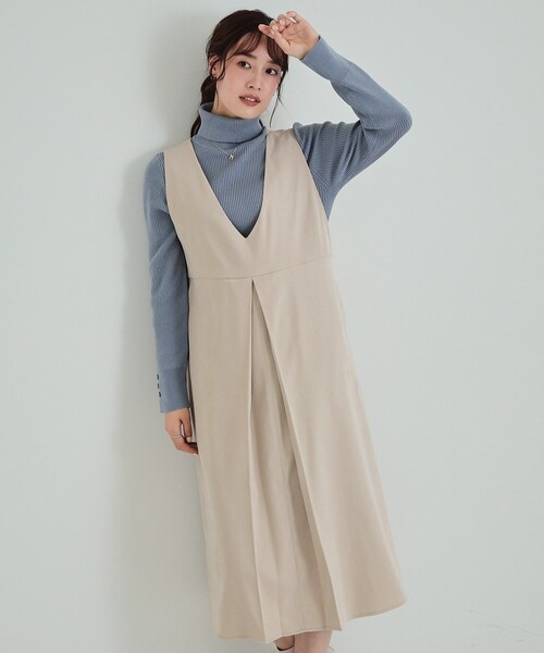 DRESKIP(ドレスキップ)の「◆【S-LL】大人クラシカルな印象に ボックスプリーツ Vネックジャンドレ(ワンピース・レディース・ブラック/ライトベージュ/ブラウン系・04/03/02/01)」の1枚目の写真