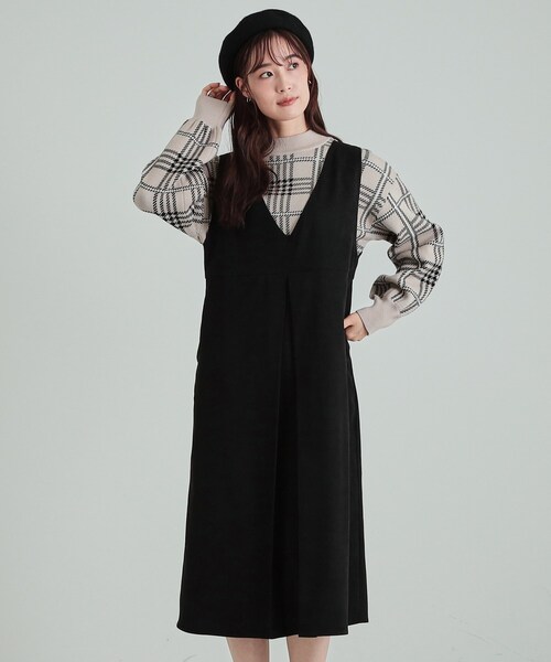 DRESKIP(ドレスキップ)の「◆【S-LL】大人クラシカルな印象に ボックスプリーツ Vネックジャンドレ(ワンピース・レディース・ブラック/ライトベージュ/ブラウン系・04/03/02/01)」の2枚目の写真