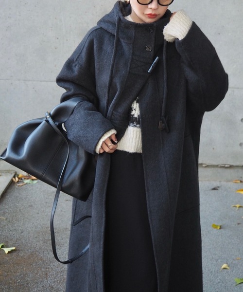 hooded duffle long coat /スタンドカラーフーデットロング