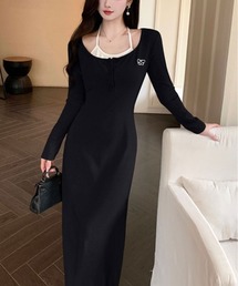 レイヤード風 カットソー ロング ワンピース