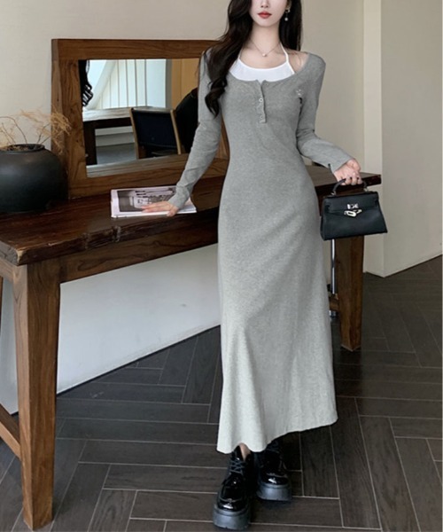 kirakiraShop(キラキラショップ)の「レイヤード風 カットソー ロング ワンピース(ワンピース・レディース・ブラック/グレー・FREE)」の11枚目の写真