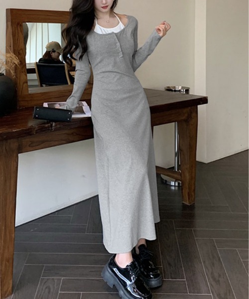 kirakiraShop(キラキラショップ)の「レイヤード風 カットソー ロング ワンピース(ワンピース・レディース・ブラック/グレー・FREE)」の13枚目の写真