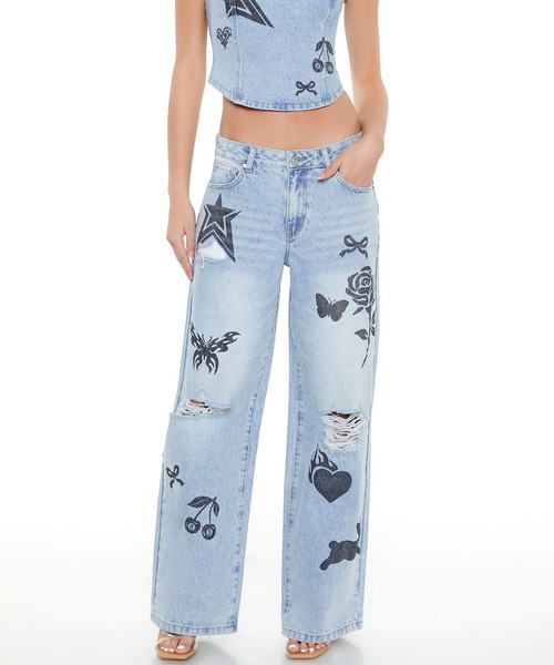 アソートグラフィックプリントデニムパンツ（デニムパンツ）｜FOREVER 21（フォーエバー トゥエンティーワン）