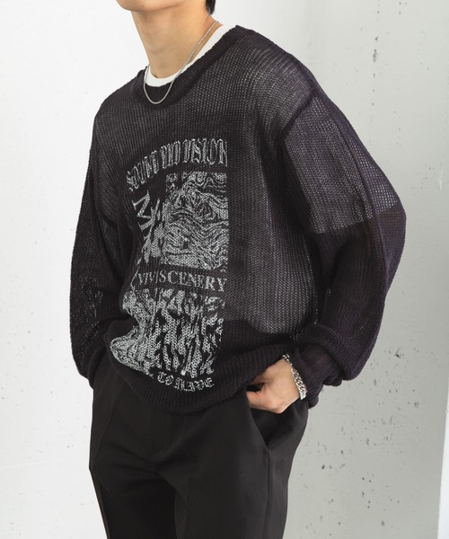 SENSE OF PLACE by URBAN RESEARCH（センスオブプレイスバイアーバンリサーチ）の「『洗濯可』グラフィックプリントシアーニット（ニット/セーター・メンズ・ネイビー/グレー/グリーン系その他・MEDIUM/LARGE）」の3枚目の写真