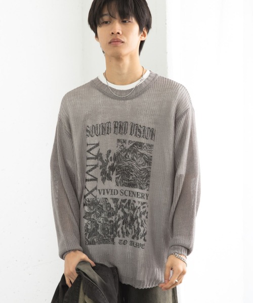 SENSE OF PLACE by URBAN RESEARCH（センスオブプレイスバイアーバンリサーチ）の「『洗濯可』グラフィックプリントシアーニット（ニット/セーター・メンズ・ネイビー/グレー/グリーン系その他・MEDIUM/LARGE）」の5枚目の写真