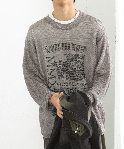 SENSE OF PLACE by URBAN RESEARCH（センスオブプレイスバイアーバンリサーチ）の「『洗濯可』グラフィックプリントシアーニット（ニット/セーター・メンズ・ネイビー/グレー/グリーン系その他・MEDIUM/LARGE）」の6枚目の写真